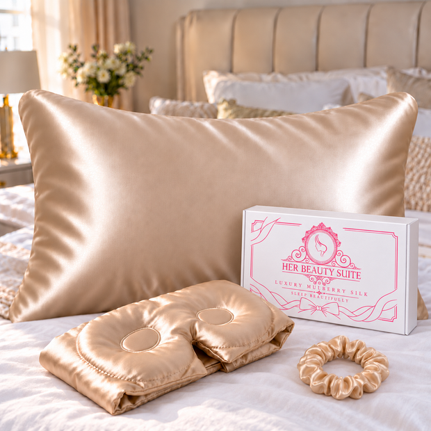 3 pc 100% Mulberry Silk Pillowcase Gift Box Set with 3D eye mask and hair scrunchie