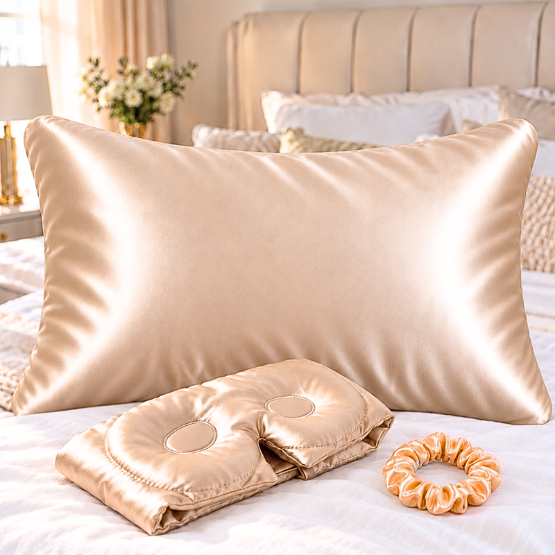 3 pc 100% Mulberry Silk Pillowcase Gift Box Set with 3D eye mask and hair scrunchie