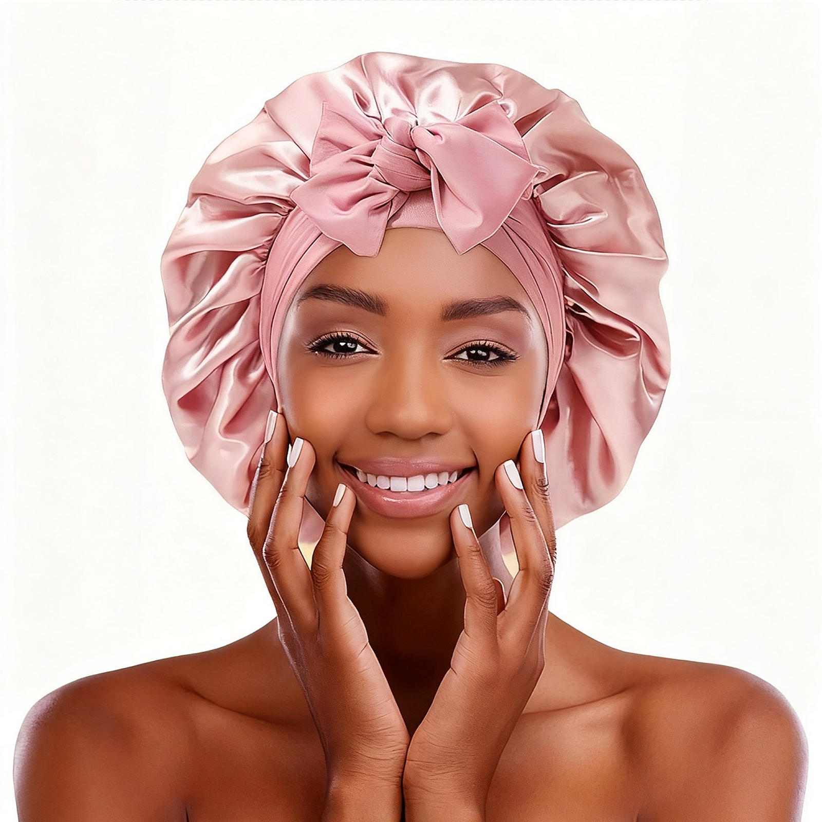 pink Mulberry Silk bonnet for hair with stretchy ties & matching scrunchie set - All hair types