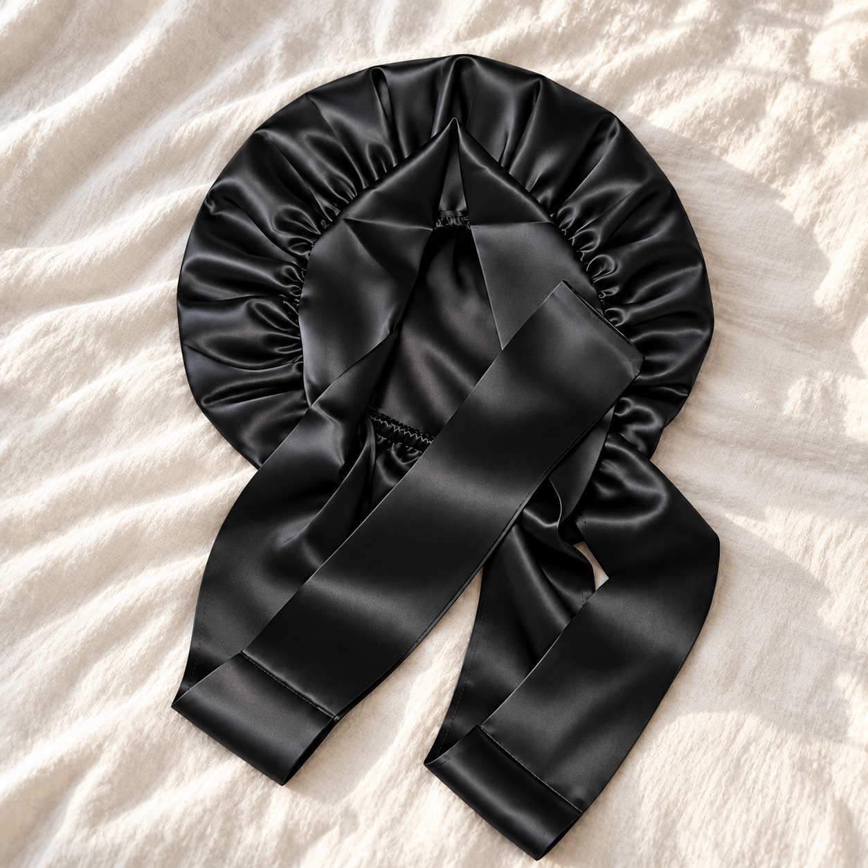 black 100% Mulberry Silk sleep bonnet for hair with silk band & ties