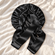 black 100% Mulberry Silk sleep bonnet for hair with silk band & ties