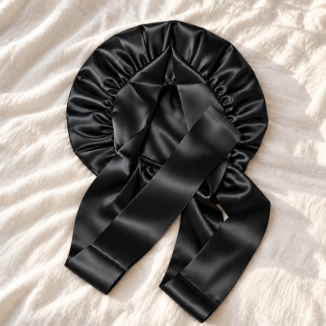 black 100% Mulberry Silk sleep bonnet for hair with silk band & ties