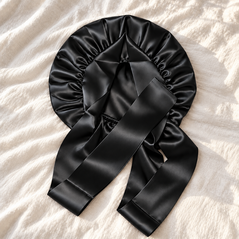 black 100% Mulberry Silk sleep bonnet for hair with silk band &amp; ties