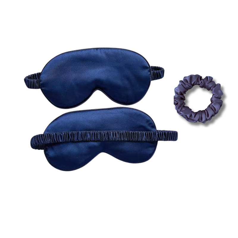 navy 100% Mulberry Silk Sleep Eye Mask &amp; Hair Scrunchie Set