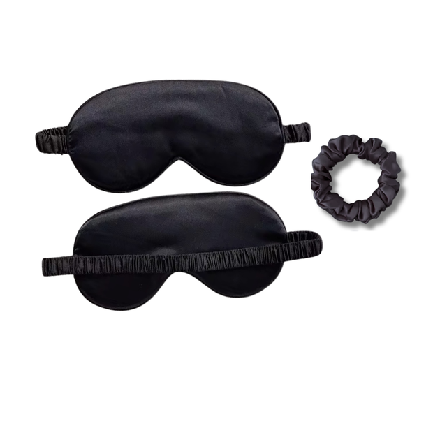 Black 100% Mulberry silk sleep eye mask and matching scrunchie set.