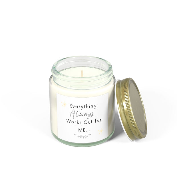 4oz clear glass soy candle with "Everything Always Works Out for Me" label and gold lid.