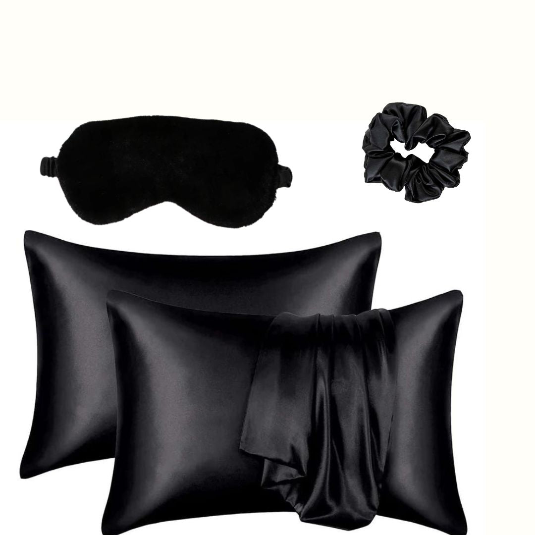 Luxury Silky Satin Pillowcase w plush fluffy Eye mask & Hair scrunchie