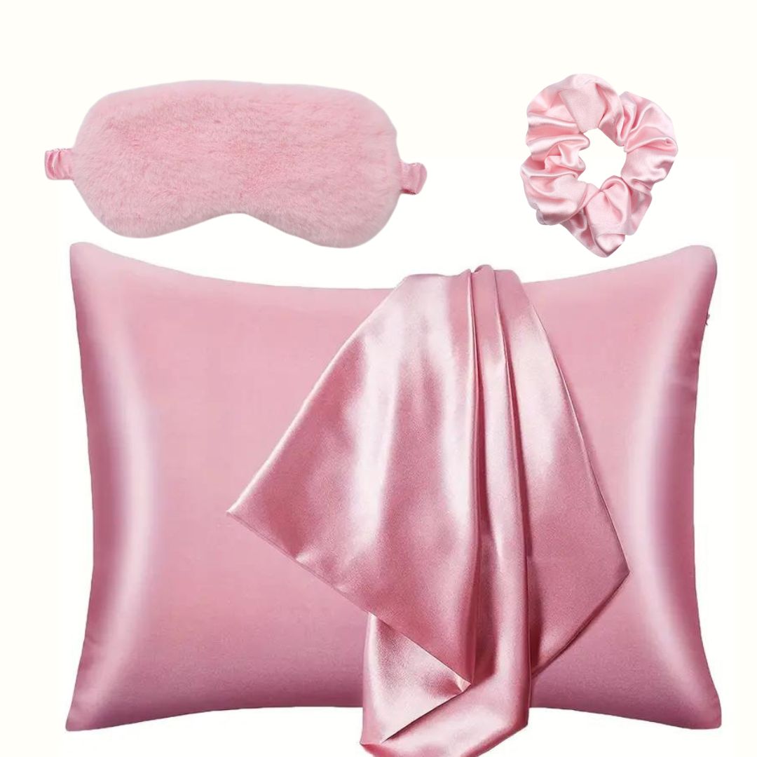 Luxury Silky Satin Pillowcase w plush fluffy Eye mask & Hair scrunchie