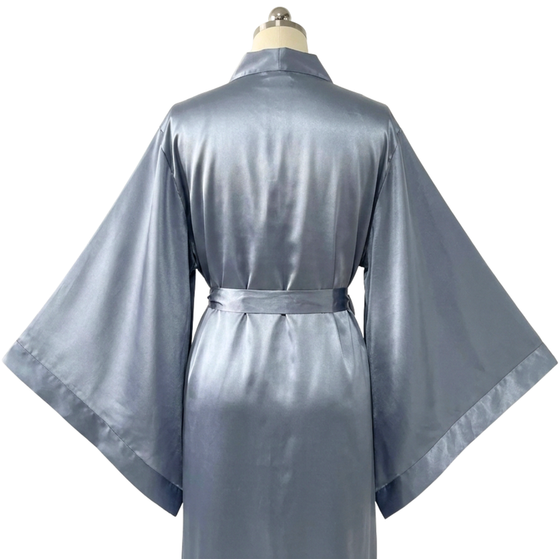 Back view of a long, silky gray satin kimono robe with wide sleeves and an adjustable waist tie.