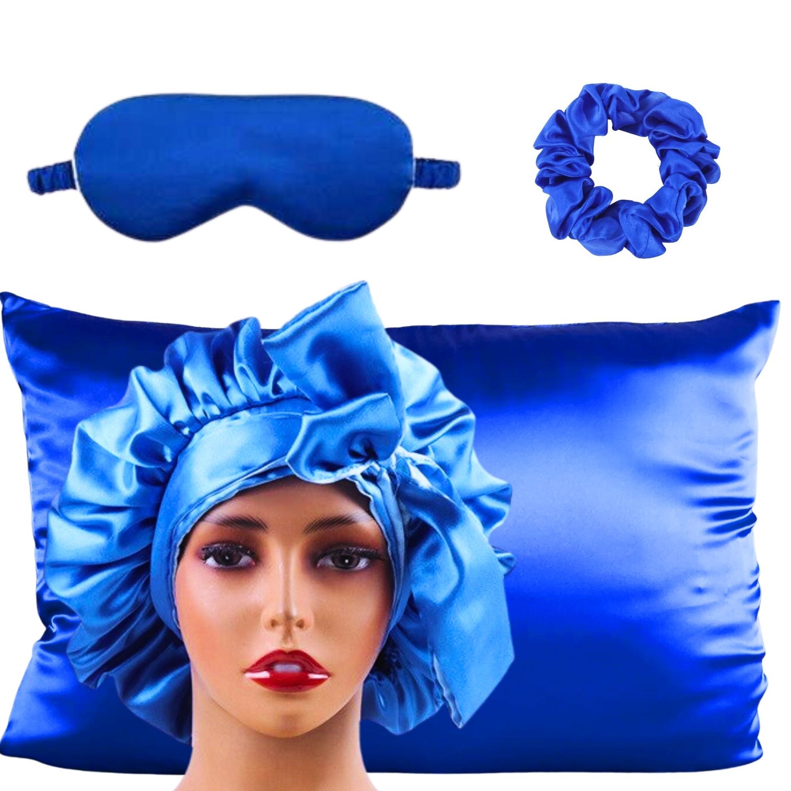 royal blue satin bonnet with tie