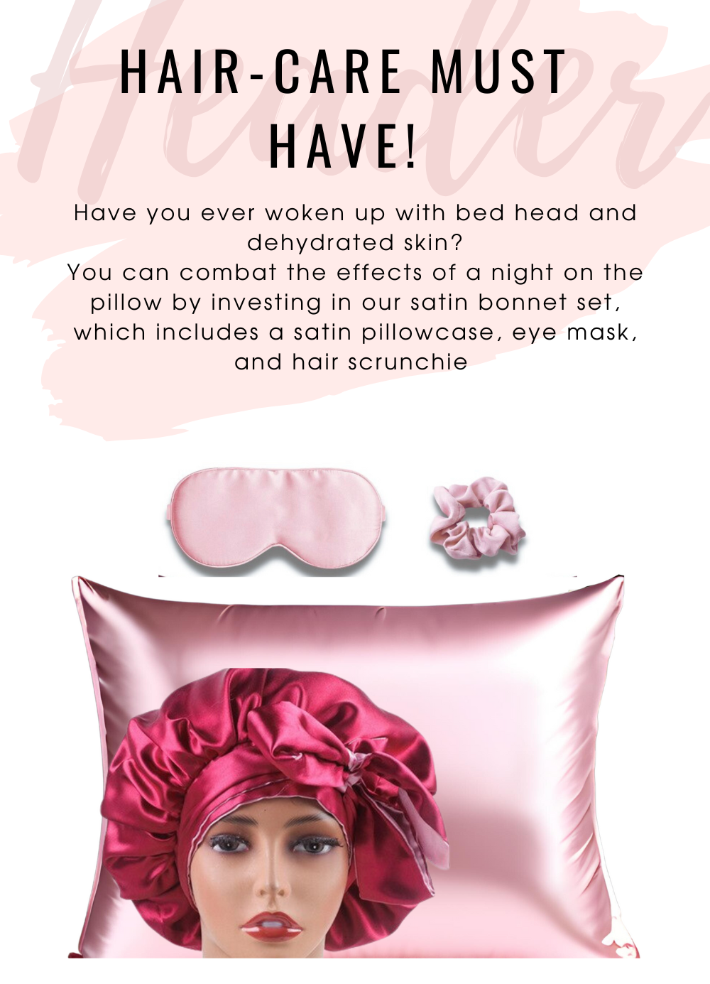Pink satin beauty sleep set: bonnet on mannequin, pillowcase, eye mask, and scrunchie.