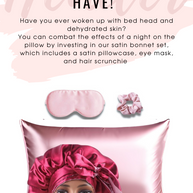 Pink satin beauty sleep set: bonnet on mannequin, pillowcase, eye mask, and scrunchie.