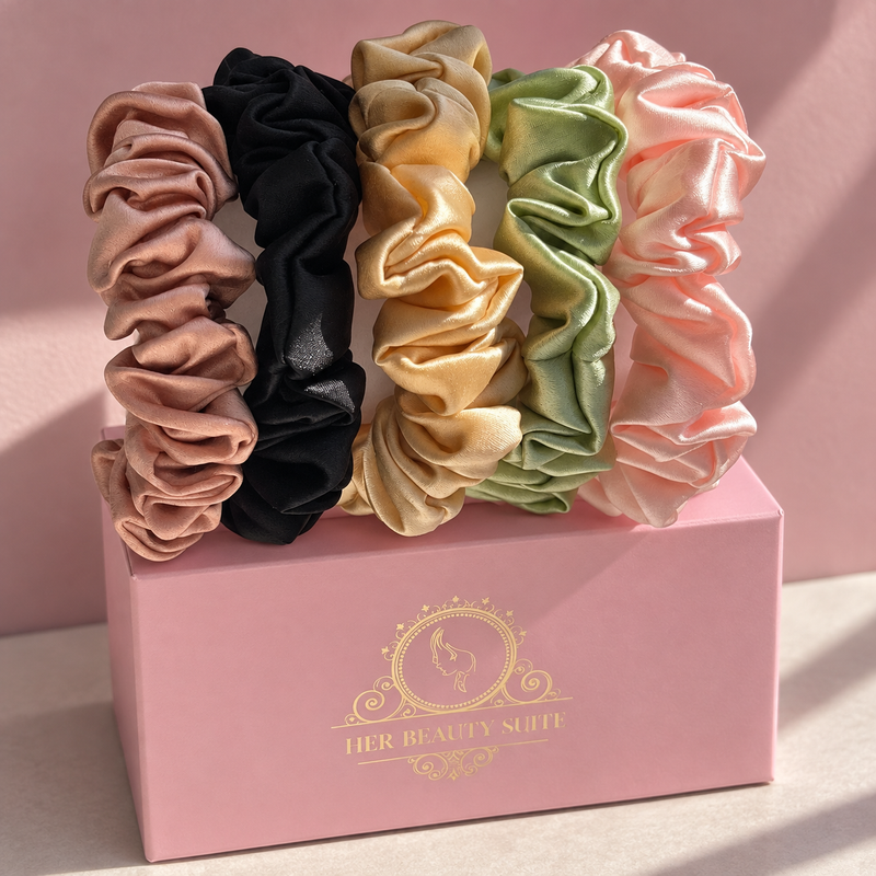 5 pc Mulberry Silk scrunchie set ties for Hair Skinny Ponytail holder Luxury gift box set  22 momme 2cm