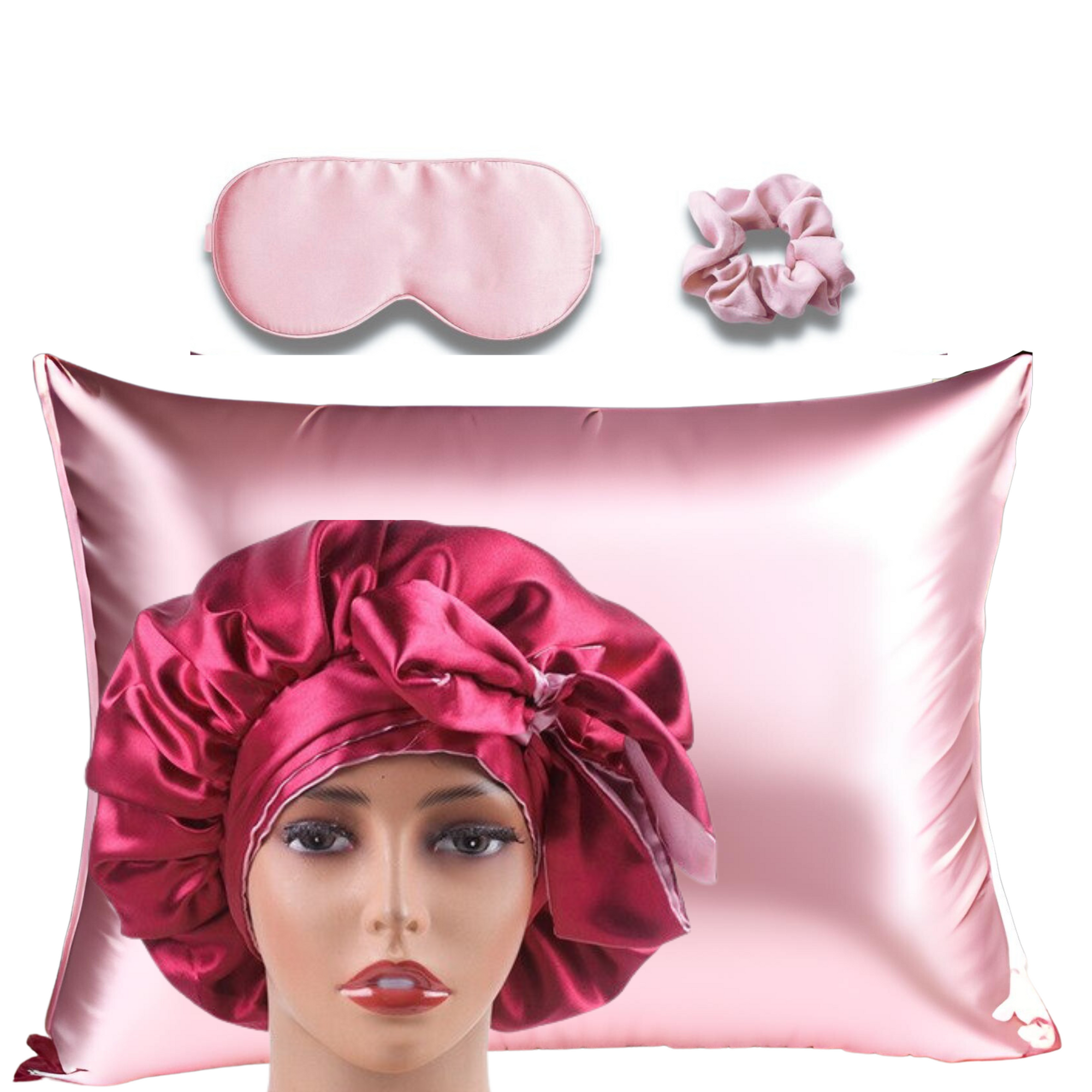 pink satin bonnet & pillowcase set with tie