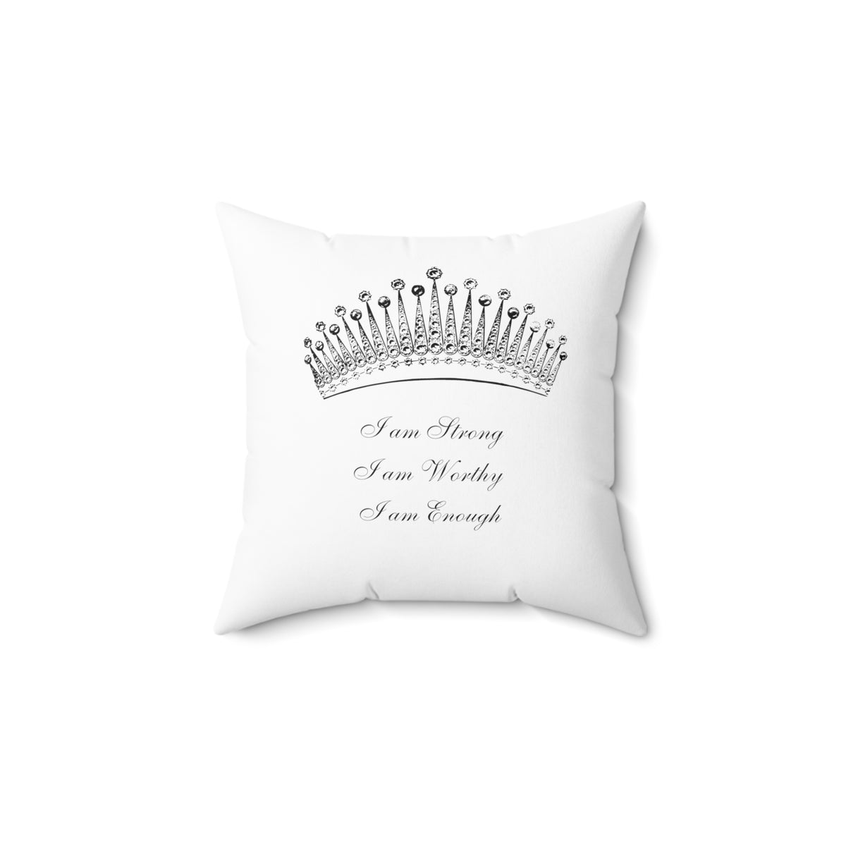 White 14x14 inch polyester throw pillow with a crown design and 