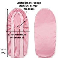 Pink mulberry silk bonnet with ties, double-layered, 28 inches long, 12-14 inches wide, and elastic band.