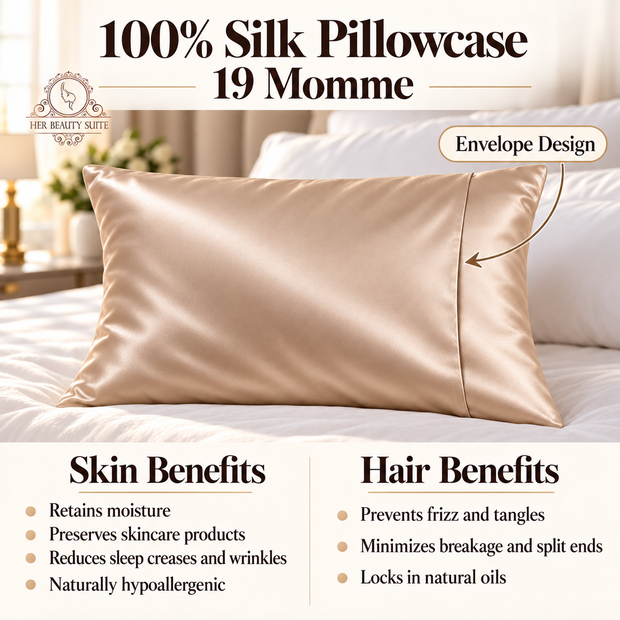 100% Mulberry Silk Pillowcase for Hair and Skin, 19 Momme Standard, Envelope Closure,  Anti Frizz Beauty Sleep Gift for Her Champage golden