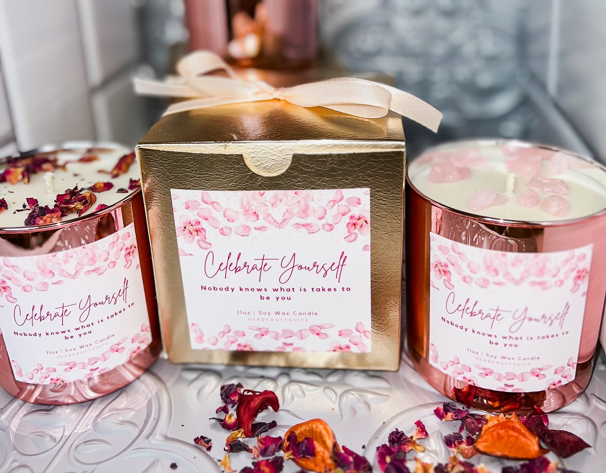 Luxury Crystal Candle | made with Rose gold tin Rose quartz & real roses - 11oz Soy Wax
