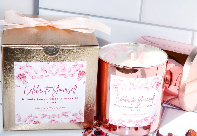 Luxury Crystal Candle | made with Rose gold tin Rose quartz &amp; real roses - 11oz Soy Wax