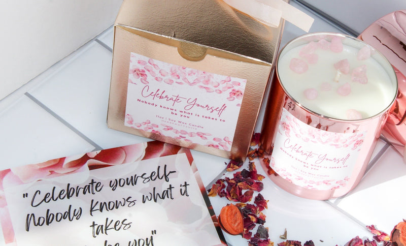 Luxury Crystal Candle | made with Rose gold tin Rose quartz &amp; real roses - 11oz Soy Wax