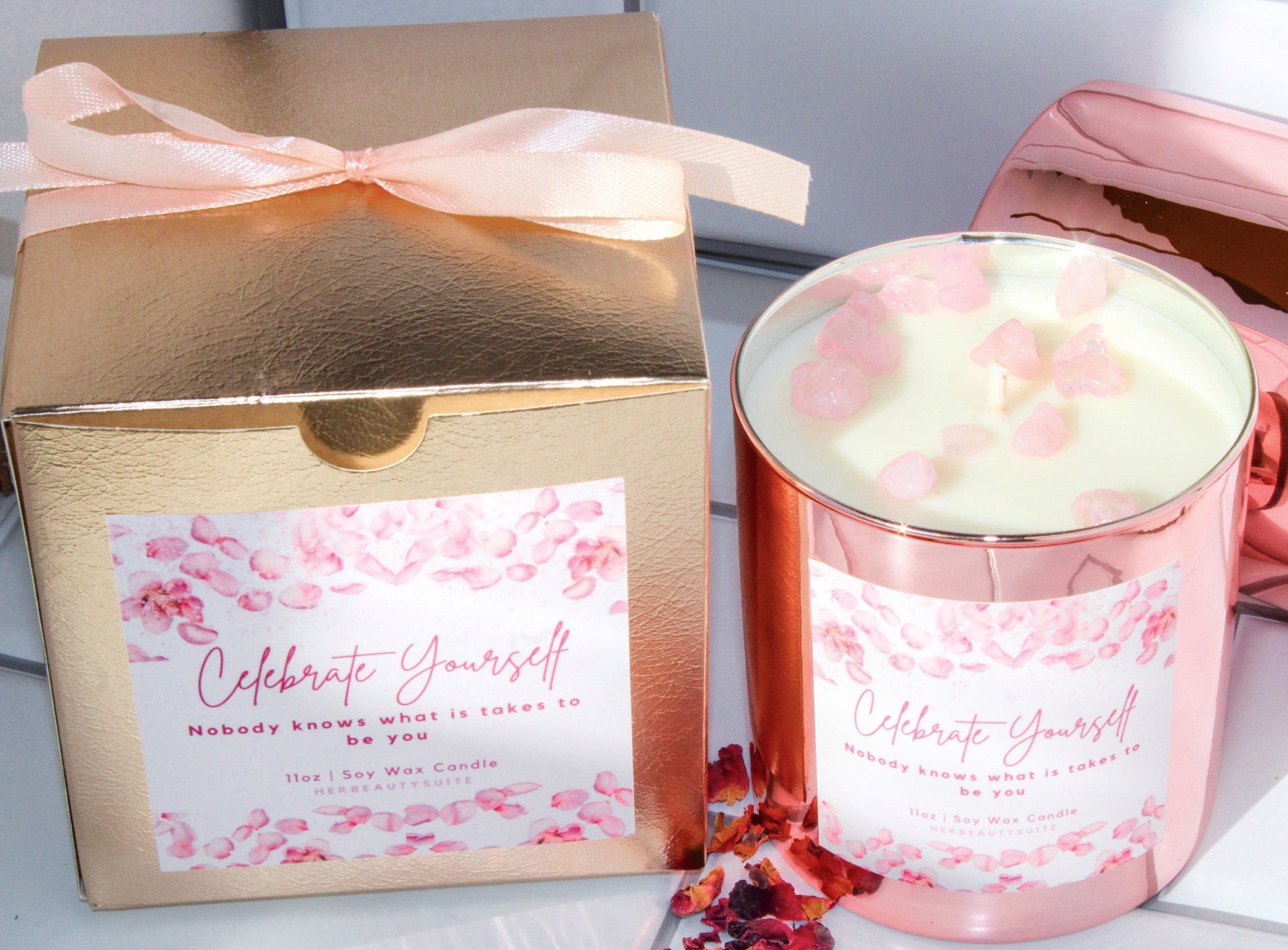 Luxury Crystal Candle | made with Rose gold tin Rose quartz & real roses - 11oz Soy Wax