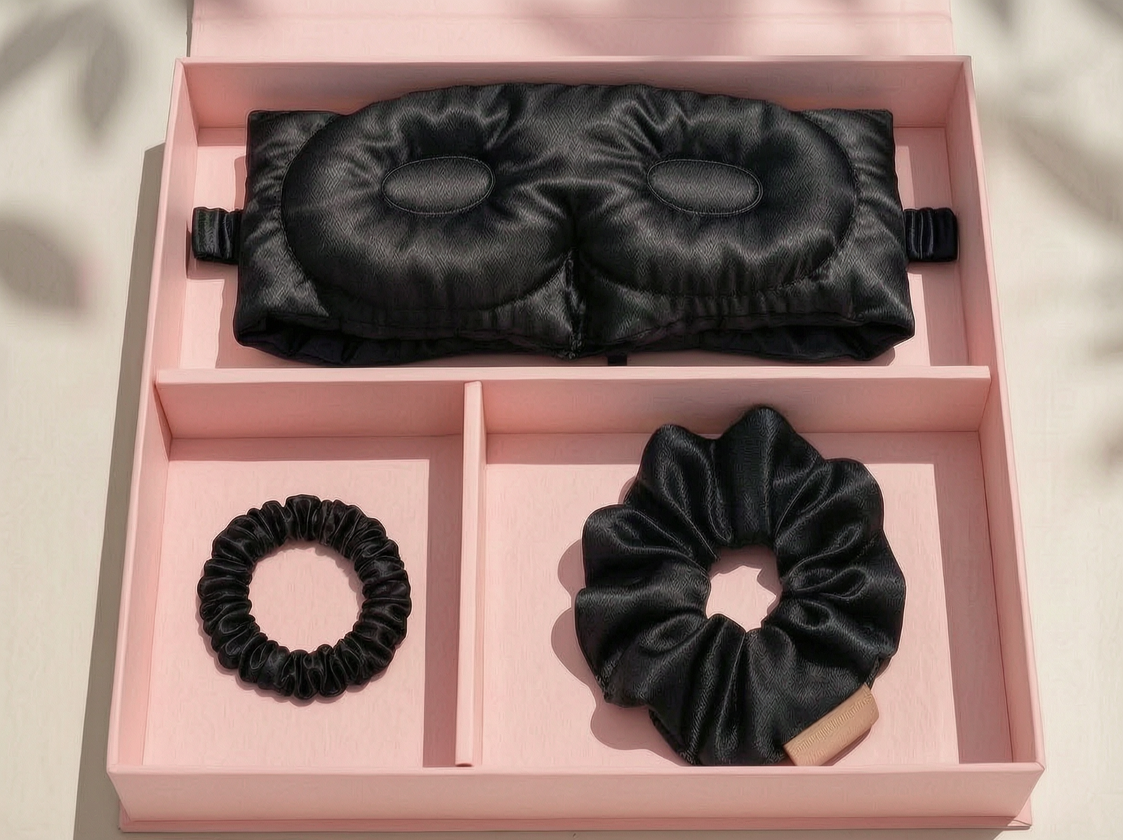 Juego de funda de almohada, antifaz y coletero para el pelo 100 % seda de morera, color negro