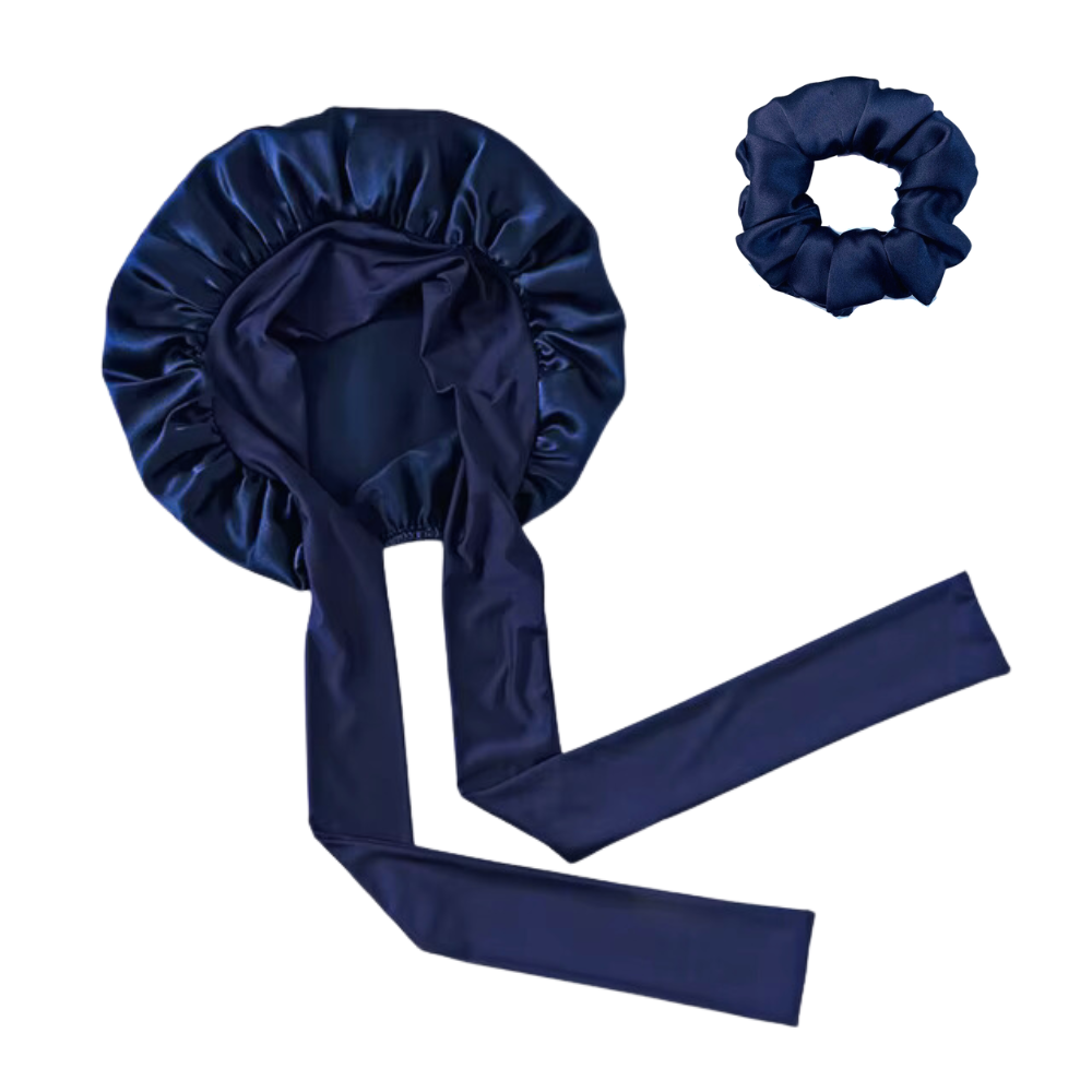 navy blue 100% real mulberry silk bonnet with tie