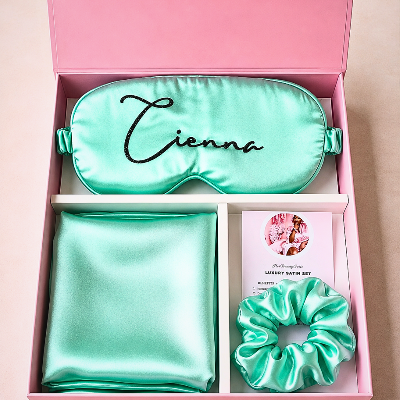 Personalized Name Satin Eye Mask Gift set box  &amp; Pillowcase Sleep Set + Hair Scrunchie spa self care gift for her 