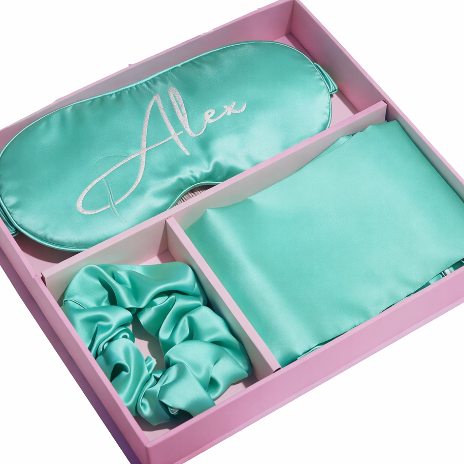 Personalized Satin Sleep Set Gift Box – Pillowcase, Eye Mask & Hair Scrunchie self care gift
