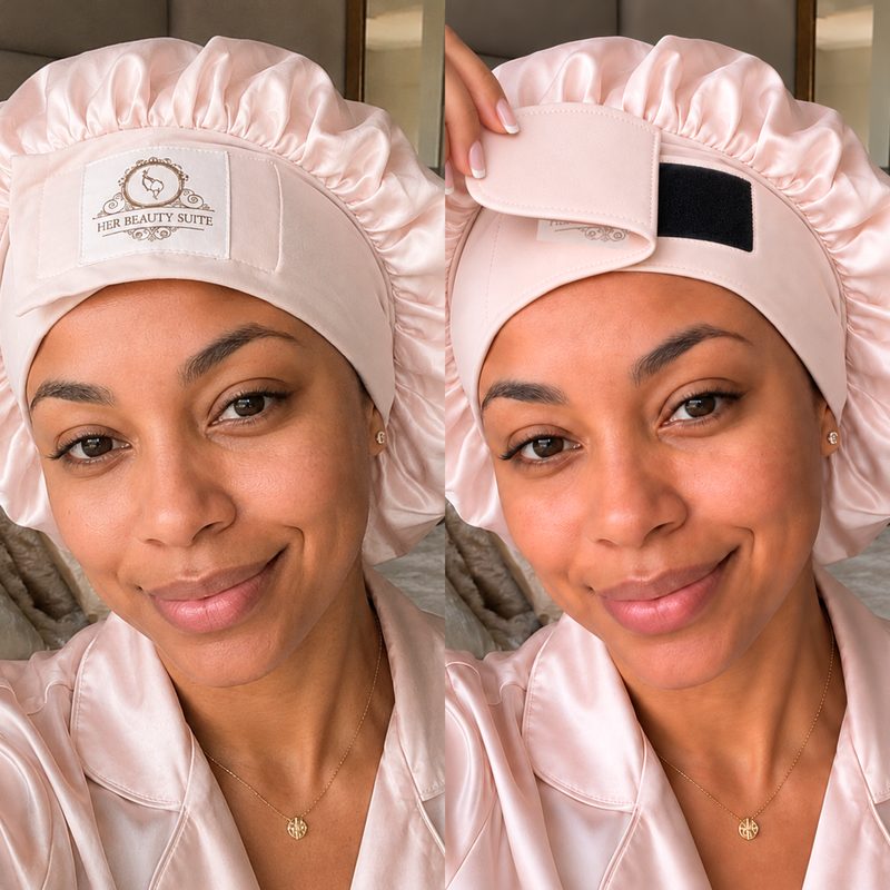 Adjustable Mulberry Silk Bonnet for sleeping - stretchy Double layered + Hook and loop closure straps. Stays on all night &amp; Non slip headache free