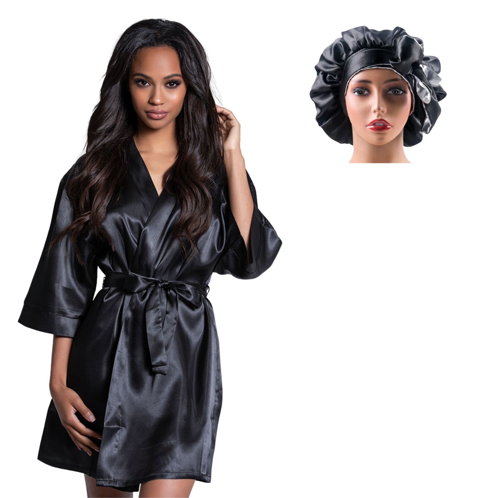 black satin robe bonnet with tie