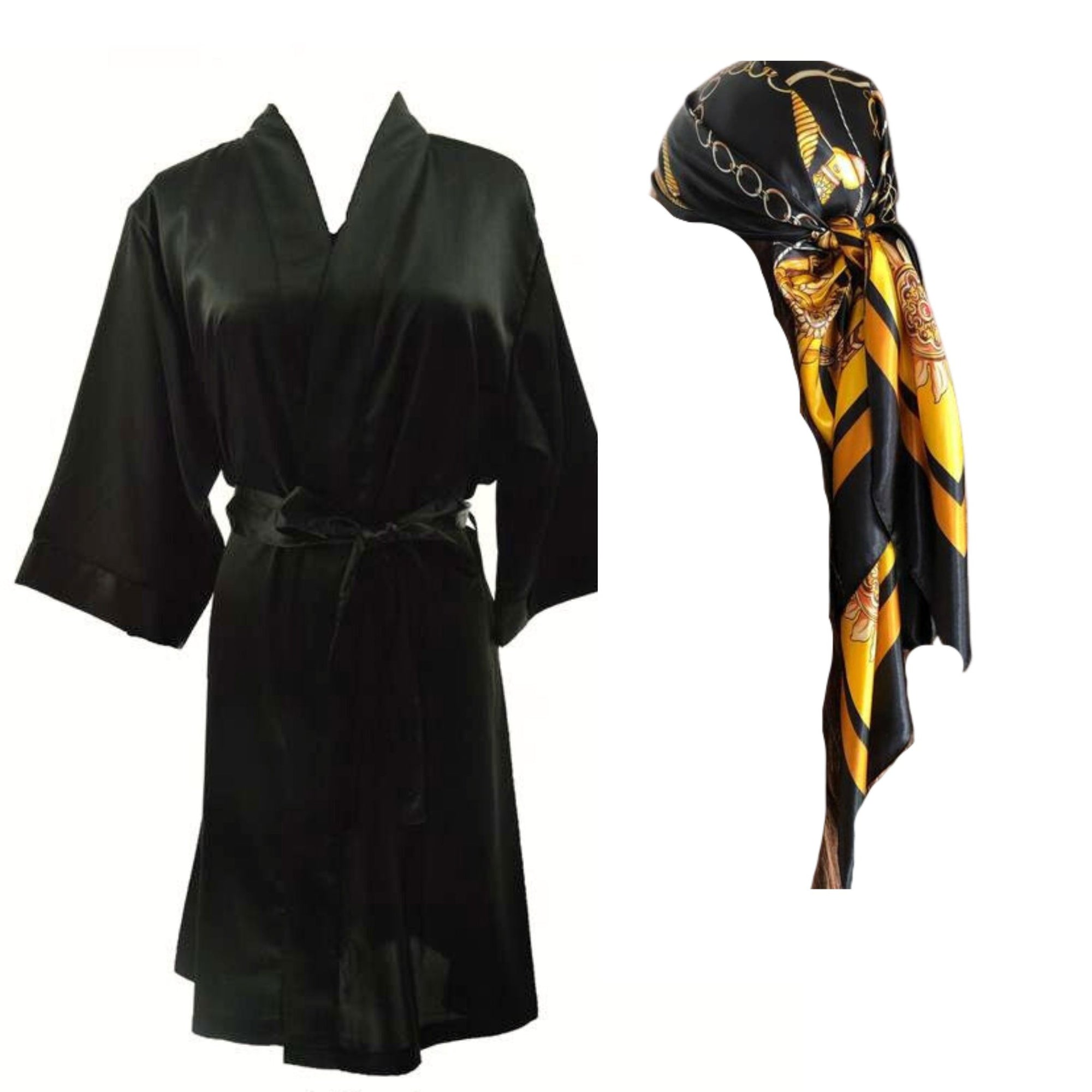 black satin robe and matching black satin head wrap
