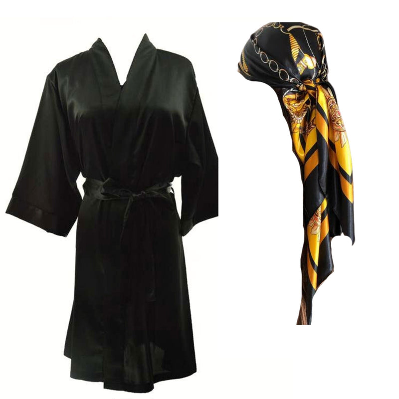Satin Robe with matching printed Satin Scarf - HerBeautySuite