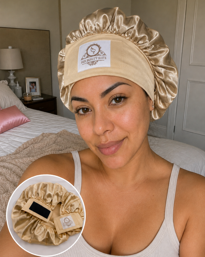 Adjustable Mulberry Silk Bonnet for sleeping - Double layered + Hook and loop closure straps. Stays on all night &amp; Non slip