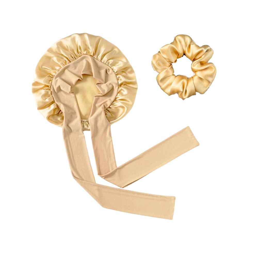 champagne 100% real mulberry silk bonnet with tie