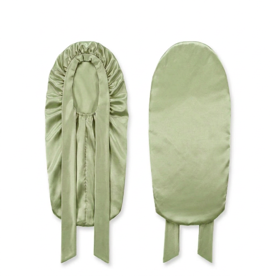 Sage green extra long mulberry silk bonnet with ties, shown folded and flat.