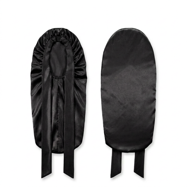 Black extra long double-layered mulberry silk bonnet with ties for long hair.