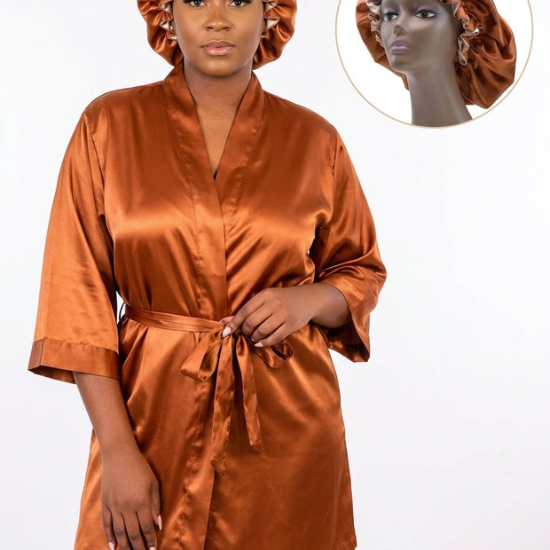 copper bronze Womens Luxury Satin Robe and matching bonnet set - high quality