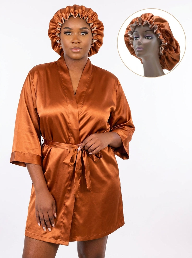 copper bronze Womens Luxury Satin Robe and matching bonnet set - high quality