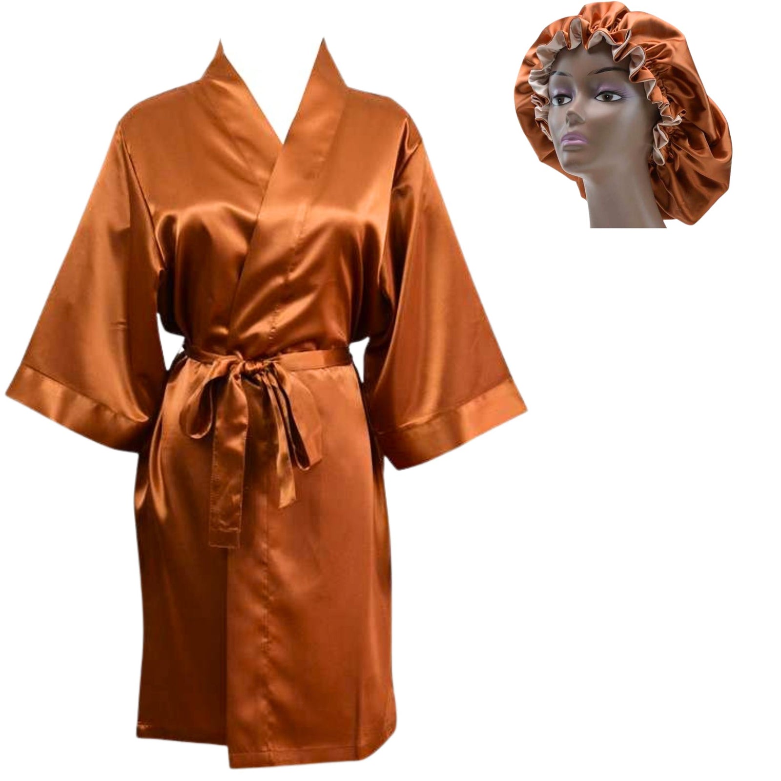 Women's Silky Satin Robe and matching bonnet set