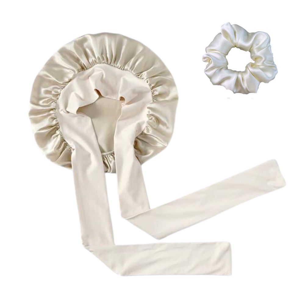 100% Mulberry Silk bonnet with stretchy ties & matching scrunchie set for hair