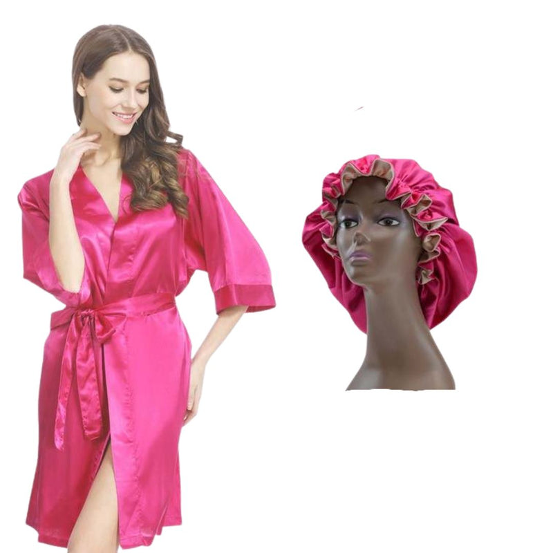Womens Silky Satin Robe and matching bonnet set - HerBeautySuite