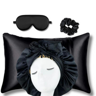 Black satin beauty sleep set: reversible bonnet with tie, pillowcase, eye mask, and scrunchie.