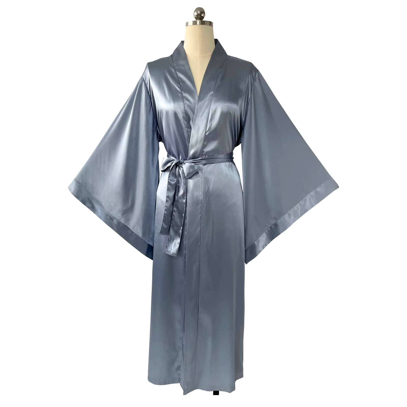 Luxury Long Silky Satin Kimono Robe- Full length light blue