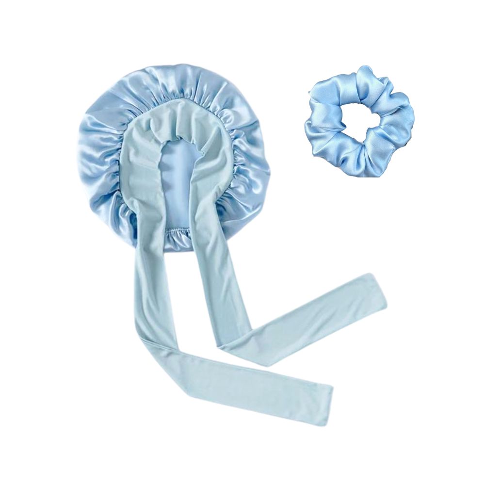 light blue  100% real mulberry silk bonnet with tie