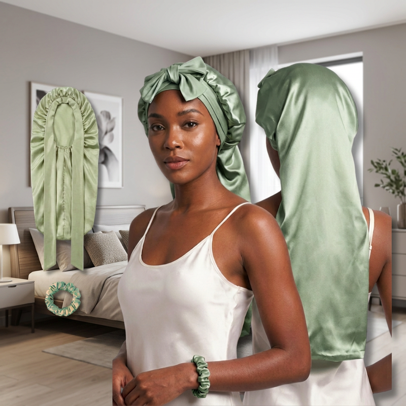 Extra Long Mulberry Silk Bonnet for long hair braids locs with ties for sleeping with matching silk scrunchie