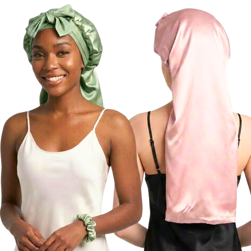 Extra Long Mulberry Silk Bonnet for long hair with ties for sleeping