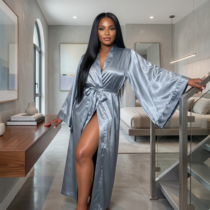 Luxury Long Silky Satin Kimono Robe- Full length light blue for tall women