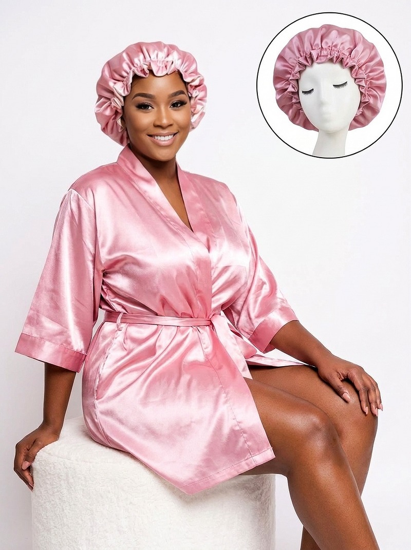 Womens Luxury pink muave Satin Robe and matching bonnet set - high quality