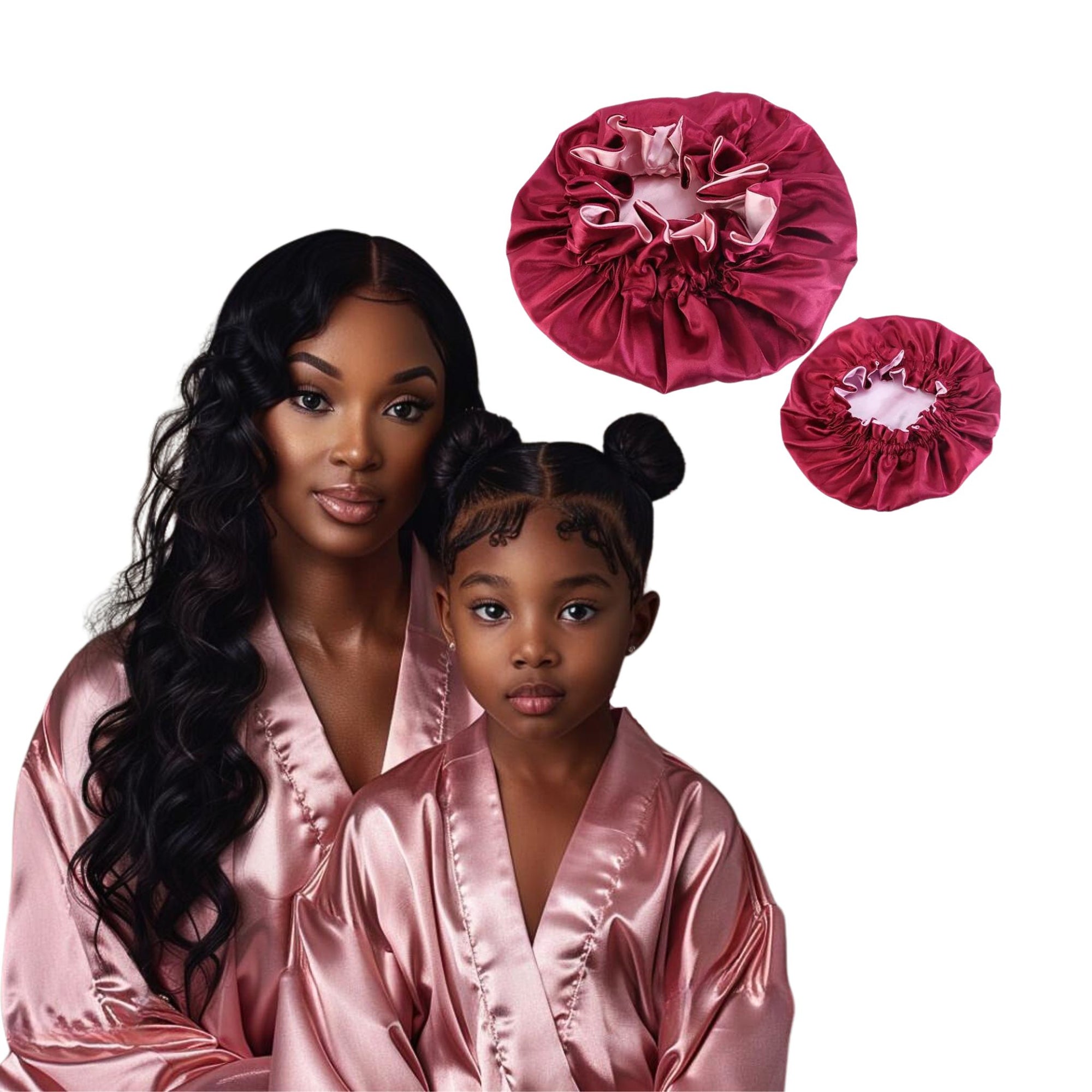 Mommy and me Pink Silky Satin Robes and matching Bonnets  | Mother daughter spa robes matching bonnets